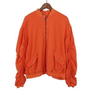 Free People Ruched Women's Orange Linen Bomber Jacket Gorpcore Fall Boho Coat
